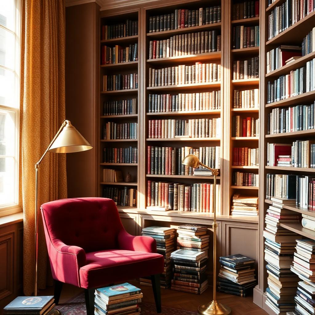 Boutique office library with a burgundy velvet reading chair, brass floor lamp, and floor-to-ceiling bookshelves